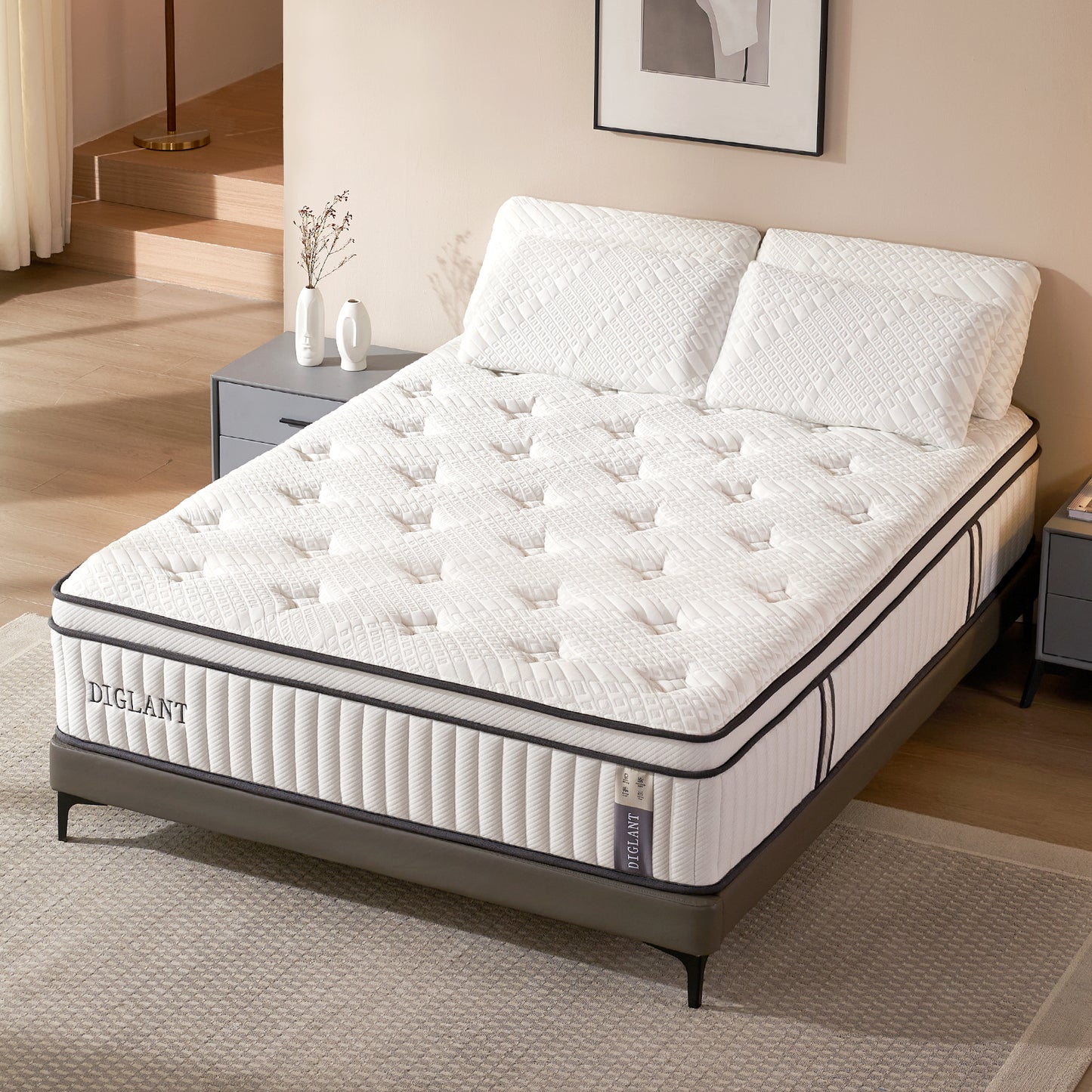 DIGLANT 14Inch Cooling Gel Memory Foam with Soft Fabric Cover, Individual Pocket Springs Mattress for Pressure Relief, Queen Mattresses in Box, Fiberglass-Free