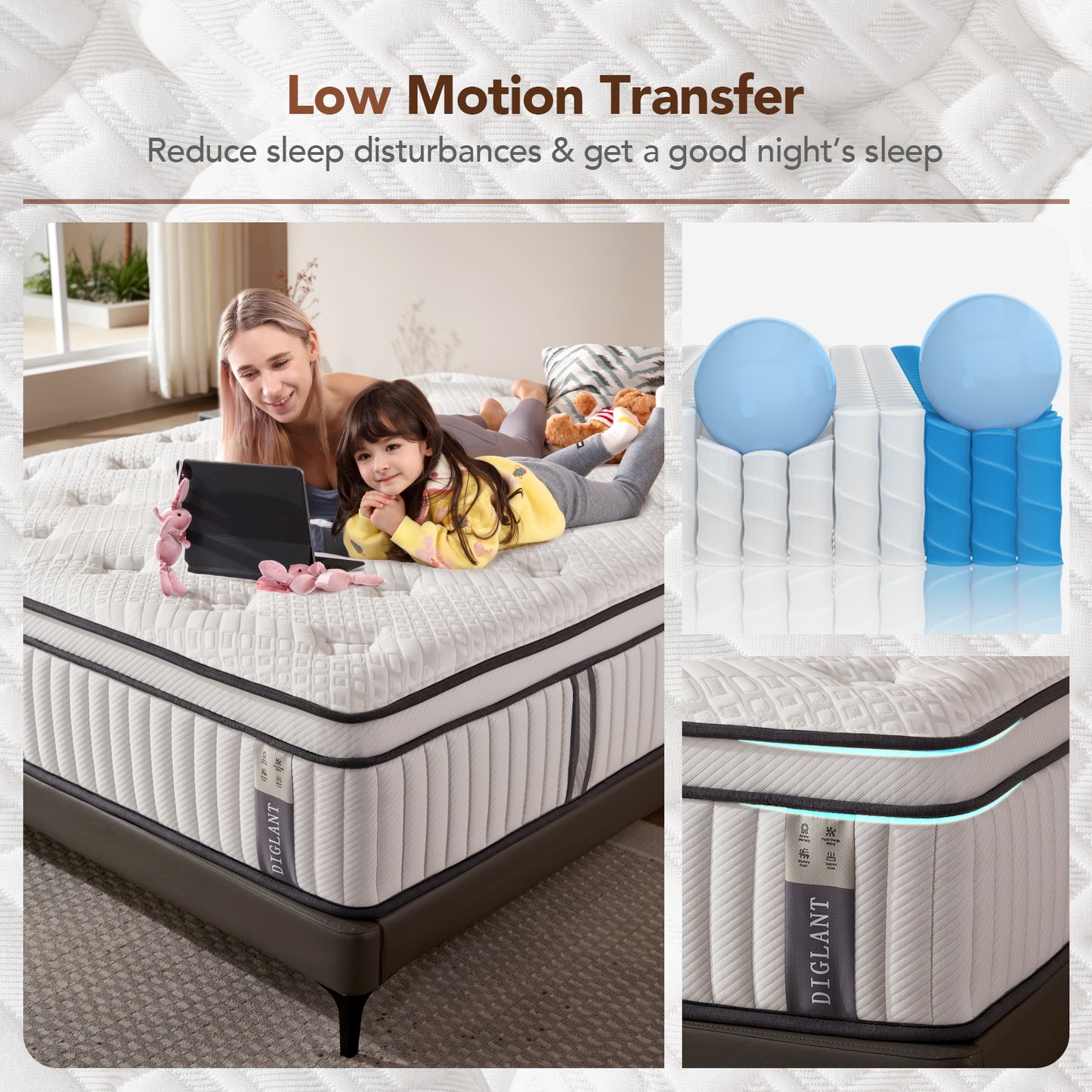 DIGLANT 14Inch Cooling Gel Memory Foam with Soft Fabric Cover, Individual Pocket Springs Mattress for Pressure Relief, Queen Mattresses in Box, Fiberglass-Free