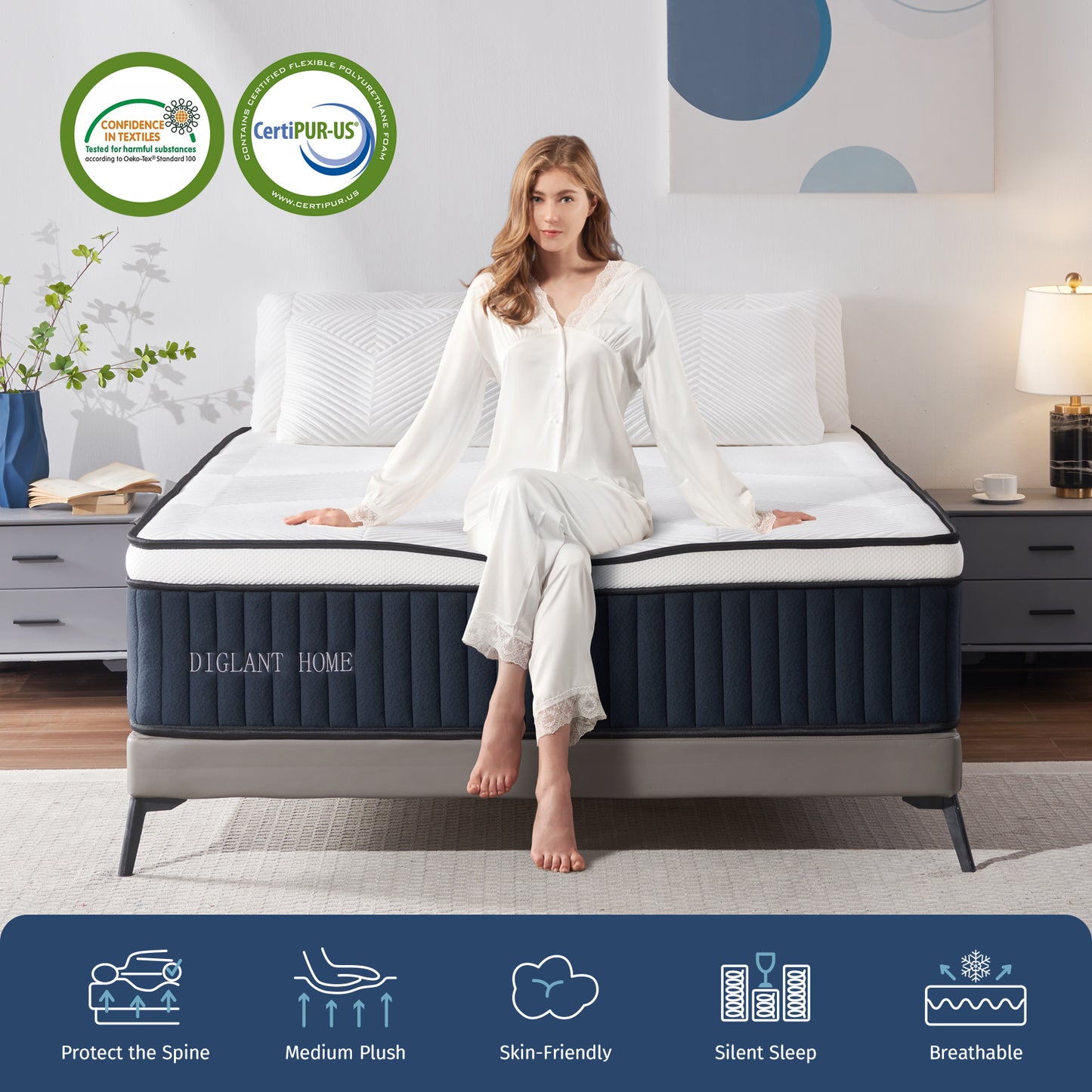 DIGLANT 14 Inch Euro Top Hybrid Memory Foam Mattress with Pocket Springs, Medium Plush Feel Mattress in a Box, Supportive & Pressure Relief, CertiPUR-US Certified