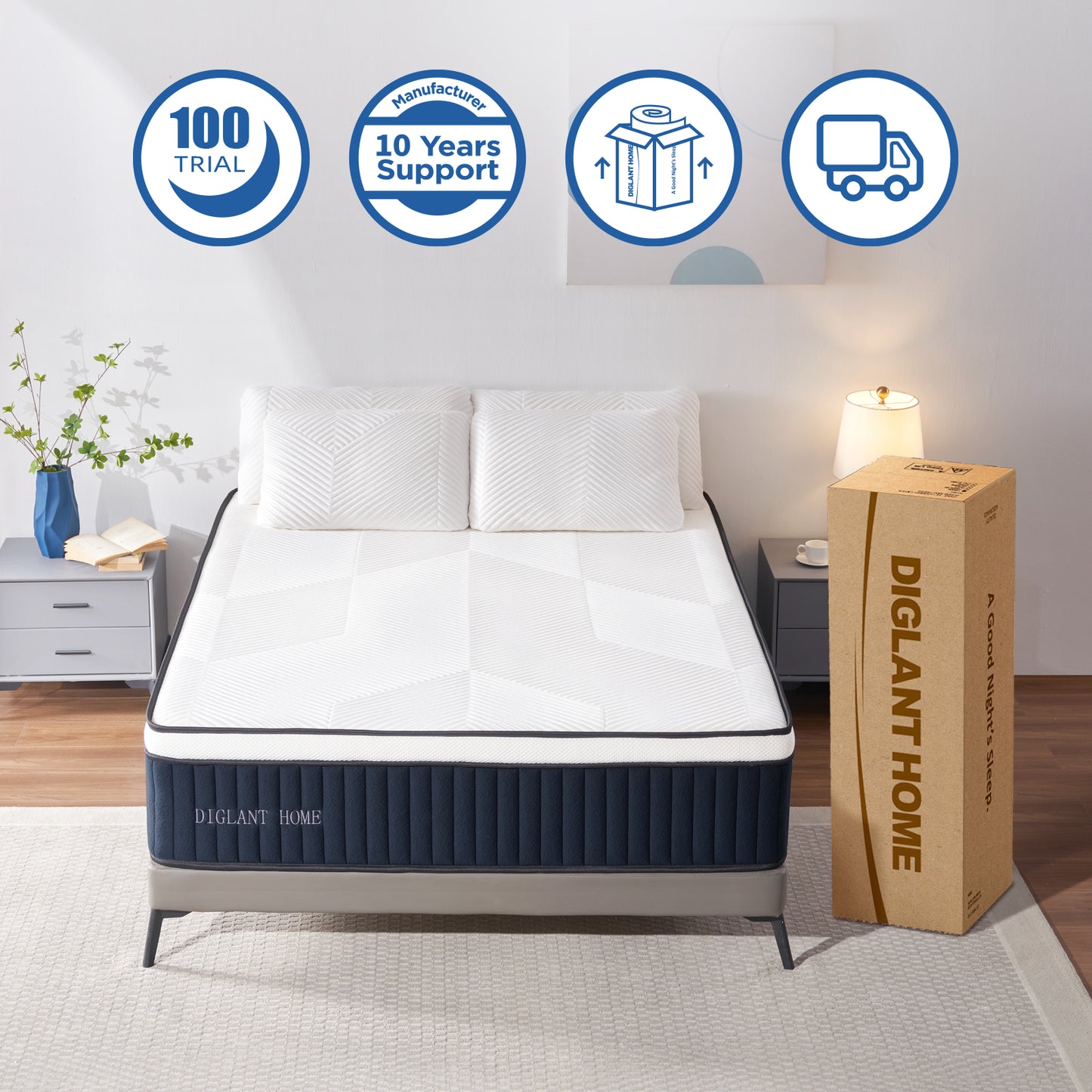 DIGLANT 14 Inch Euro Top Hybrid Memory Foam Mattress with Pocket Springs, Medium Plush Feel Mattress in a Box, Supportive & Pressure Relief, CertiPUR-US Certified