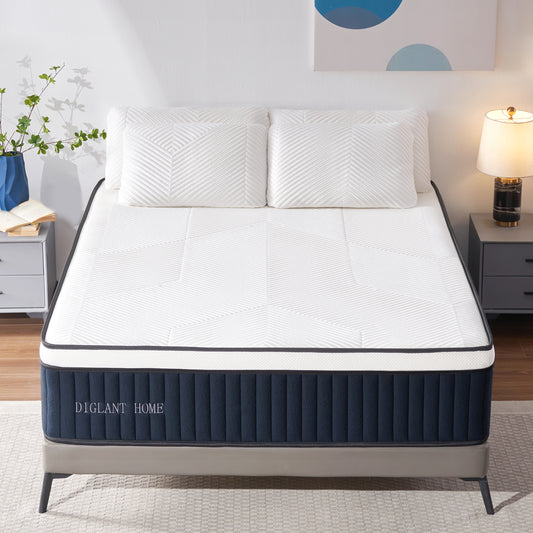 DIGLANT 14 Inch Euro Top Hybrid Memory Foam Mattress with Pocket Springs, Medium Plush Feel Mattress in a Box, Supportive & Pressure Relief, CertiPUR-US Certified