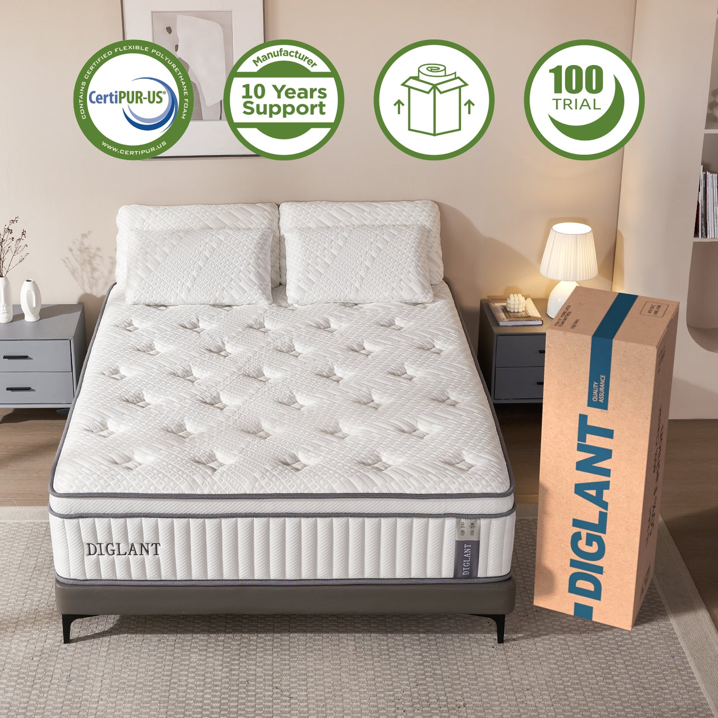DIGLANT 14Inch Cooling Gel Memory Foam with Soft Fabric Cover, Individual Pocket Springs Mattress for Pressure Relief, Queen Mattresses in Box, Fiberglass-Free