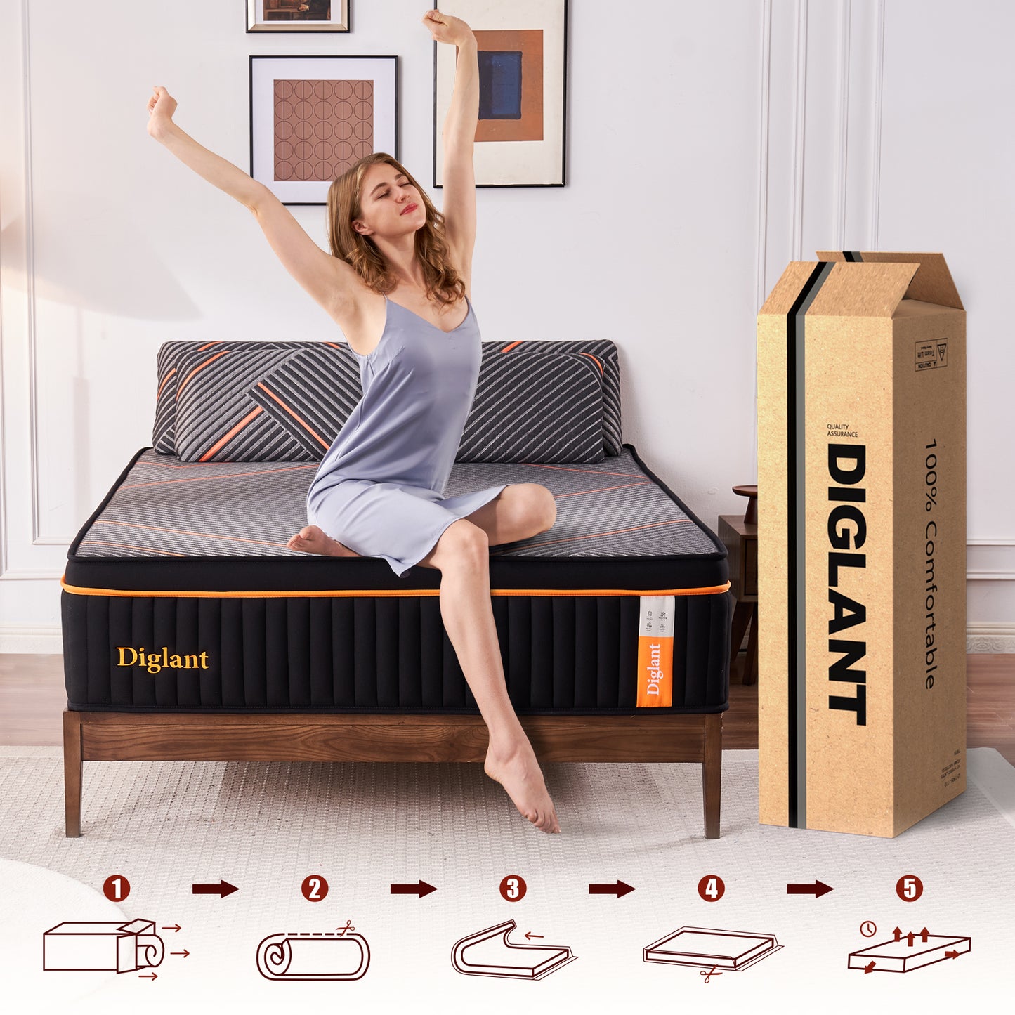 DIGLANT 14Inch Plush Memory Foam Hybrid Mattress, Cal King Size Mattress in Box with Individual Pocket Spring, Black Soft Mattress for Pressure Relief,CertiPUR-US